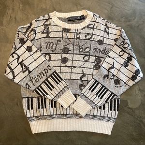 VTG Vintage Crossings Piano Music Notes Sweater Black/White 100% Cotton USA Sz M